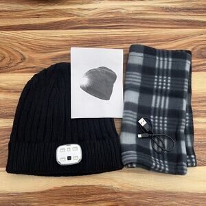 Unisex Rechargeable LED Beanie Hat Winter Light Up Headlamp Cap USB With Scarf